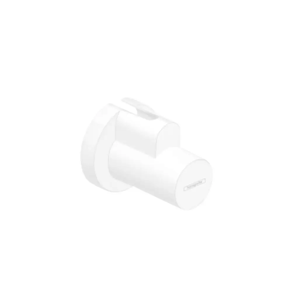 Weißes Produkt zur Wandmontage mit einem runden Ende und einer seitlichen Halterung, wahrscheinlich von Hansgrohe, für Sanitäranwendungen.